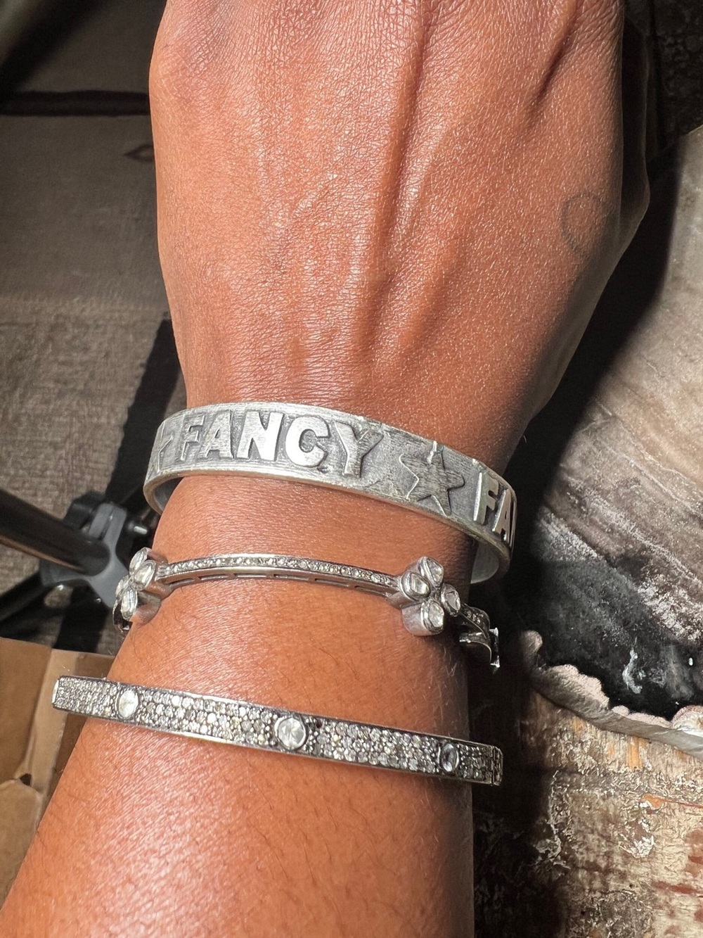 “FANCY” Silver-Tone Stamped Statement Bangle